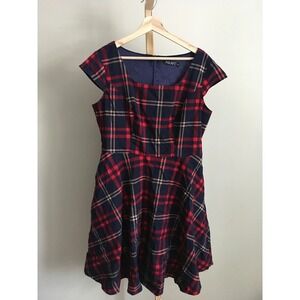 Pukavt Plaid Boat Neck Cap Sleeve Fit Flare Dress M